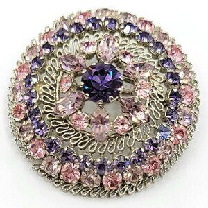 Austria Silvertone Pink Purple Rhinestone Domed Filigree Brooch